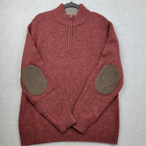 LL Bean Sweater Mens Medium Shetland Wool Red Maroon Elbow Patches